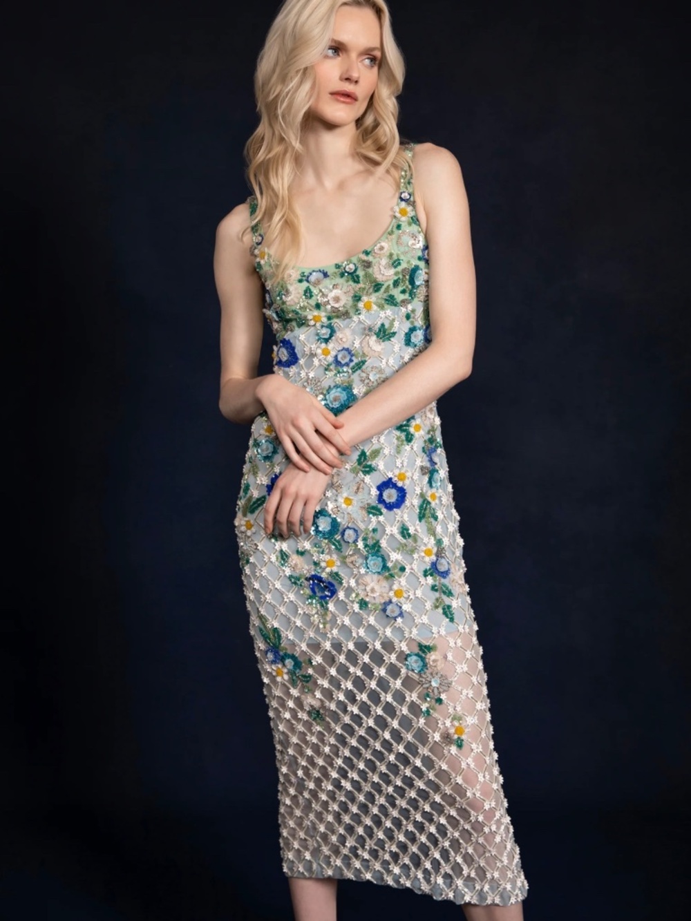 La Fuori Gilded Flora Midi Dress Blue/Multi - Picture 2 of 12